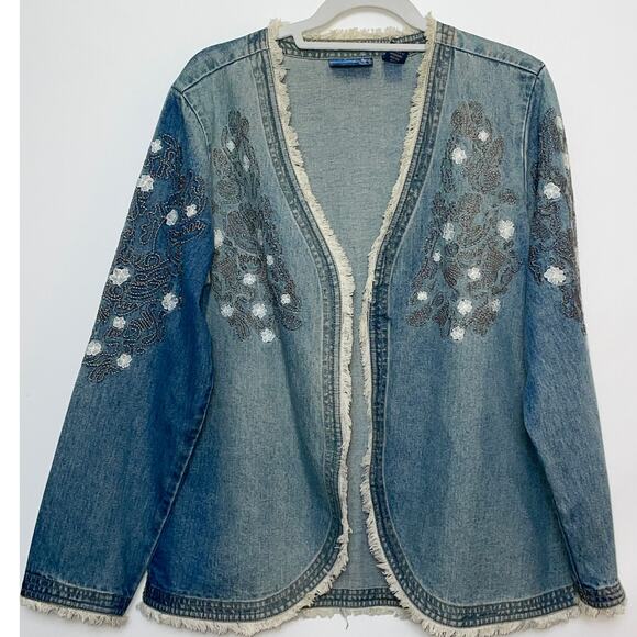 Wrangler Denim Embroidered Jacket - Size L - Open Jacket With Fringe‎ - Picture 1 of 11